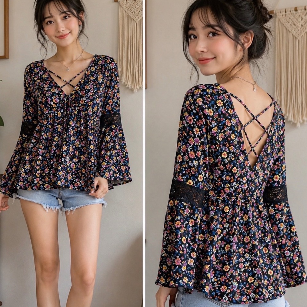 Floral Bell Sleeve Babydoll Top Black Lace‎ Strappy Back Coquette Fairycore XS